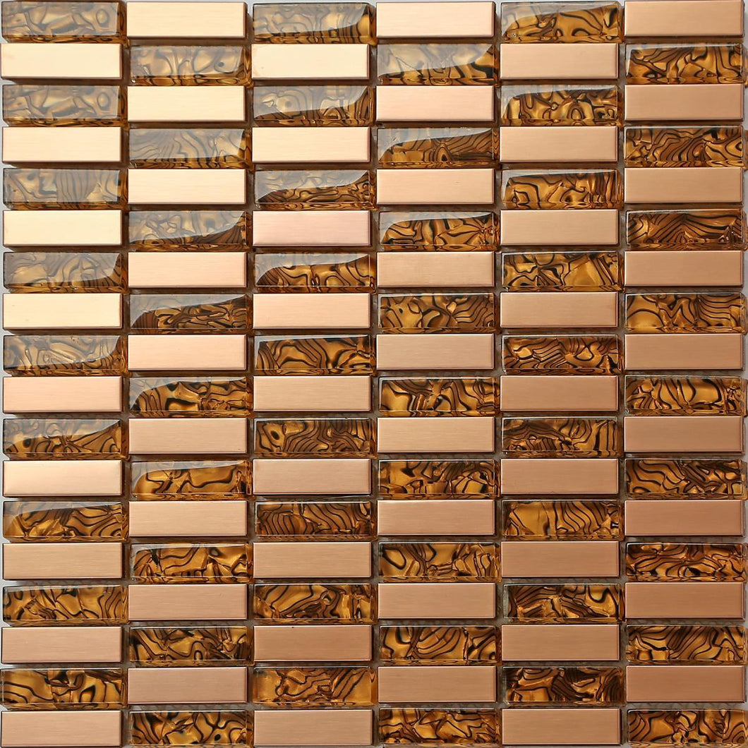 Amber Glass & Brushed Copper effect Stainless Steel Mosaic Tiles (MT0104)