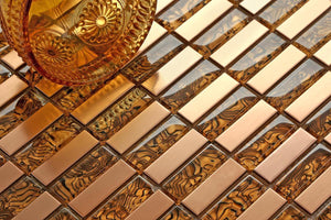 Amber Glass & Brushed Copper effect Stainless Steel Mosaic Tiles (MT0104)