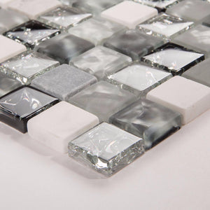 Black & Grey Crackled Glass and Stone Mosaic Tile (MT0152)