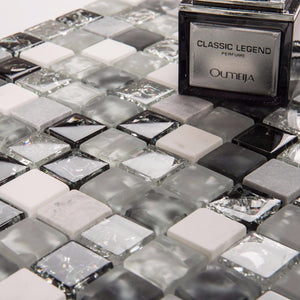 Black & Grey Crackled Glass and Stone Mosaic Tile (MT0152)