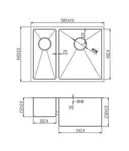 585 x 440mm Undermount 1.5 Bowl Handmade Stainless Steel Kitchen Sink With Easy Clean Corners (DS029 L)