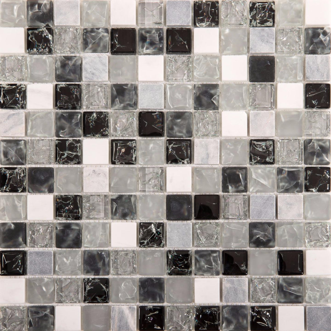 Black & Grey Crackled Glass and Stone Mosaic Tile (MT0152)