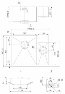 600 x 480mm Undermount 1.5 Bowl Handmade Satin Stainless Steel Kitchen Sink (DS034)