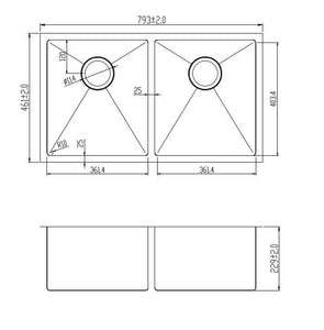 793 x 461mm Undermount Double Bowl Handmade Stainless Steel Kitchen Sink With Easy Clean Corners (DS020)